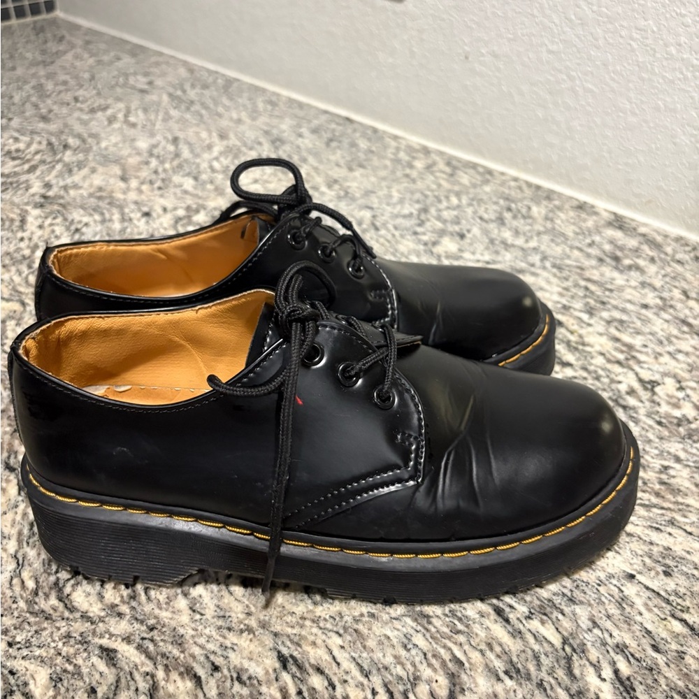 Dr. Martens Platform Black Leather Oxfords with Yellow Stitching